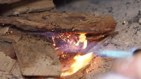 BBQ Steak Grilling over Open Fire with Wood Flames and Smoke, Extreme Close-up Video stock 338212123