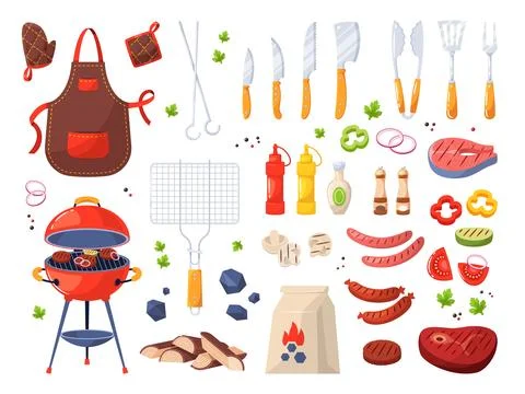 Bbq summer party objects. Barbecue elements, grilled meat, ingredients, picnic 스톡 일러스트