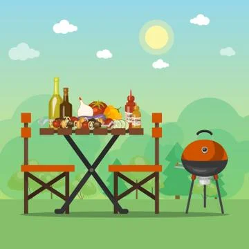 BBQ summer party vector illustration. Barbecue food is on the wooden table Ilustração Stock