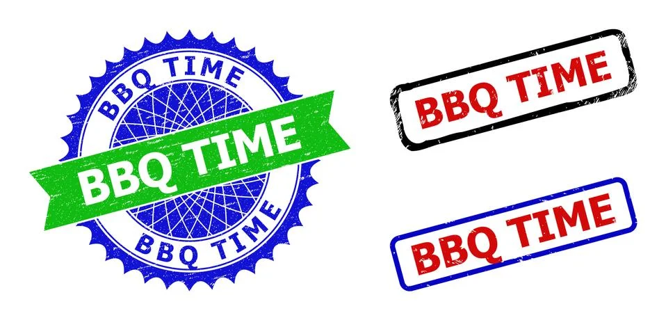 BBQ TIME Rosette and Rectangle Bicolor Stamp Seals with Unclean Textures Stock Illustration