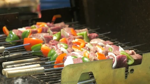 BBQ wit Meat and Veggies on Skewers Stock Footage 101184593