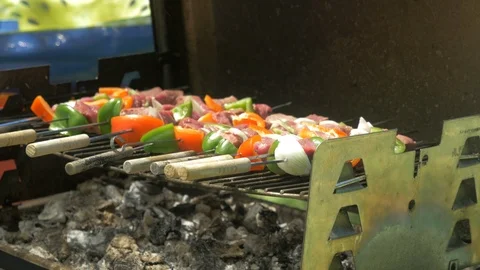 BBQ wit Meat and Veggies on Skewers Rack Focus Stock Footage 101184696