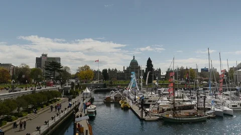 The B.C. Legislature Parliament Building And Marina Victoria Canada Panning S Stock Footage
