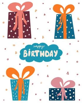 Bday presents flat heap greeting card template with gift boxes and lettering Stock Illustration