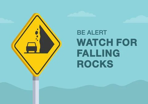 "Be alert, watch for falling rocks" road sign. Close-up view. Stock Illustration