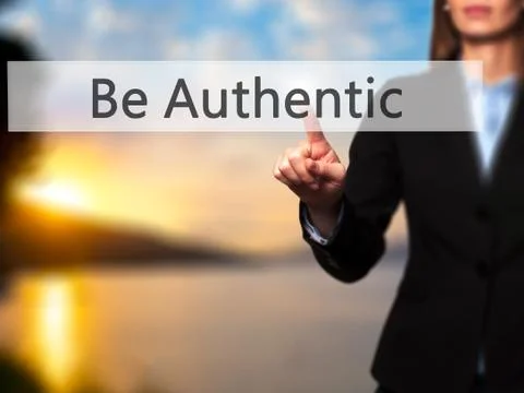 Be Authentic - Female touching virtual button. 스톡 사진