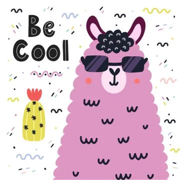 Be cool card with a cute llama in sunglasses. Scandinavian print with alpaca 库存插图