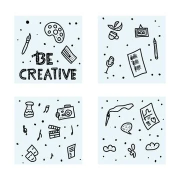 Be creative concept. Lettering with art symbols. Hand drawn elements. Phrase  Stock Illustration