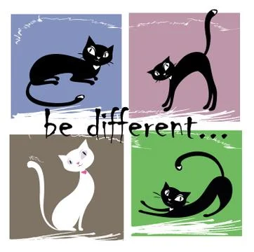 Be different,one white and three black cat on a colored backgrou Stock Illustration