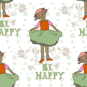 Be Happy Vector Repeat Pattern with Sweet Little Girl Playing In Green And Re Illustrazione stock