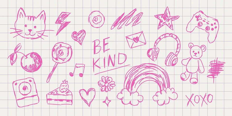 Be Kind cute doodle elements. Hand drawn sketch icons in playful notebook s.. イラスト素材