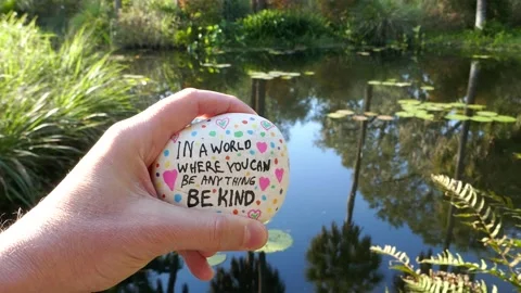 Be kind message painted on kindness rock held in hand in front of tropical pond Vidéo 301416983