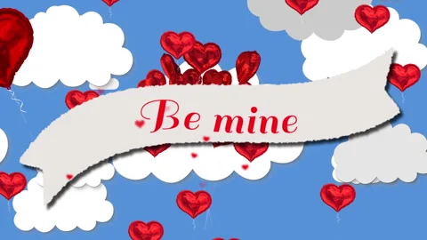 Be mine text text against heart shaped balloons floating in blue sky Vidéo 141053656