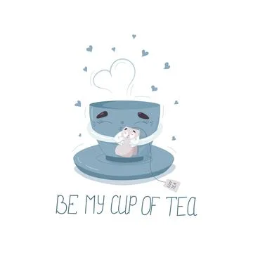 Be my cup of tea postcard. A mug hugs a tea bag, and hearts fly around. Stock Illustration