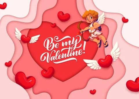 Be my valentine paper cut greeting with cherubs Stock Illustration