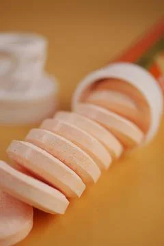 Be orange-flavored effervescent tablets, commonly used as vitamin C supplements Stock Photos