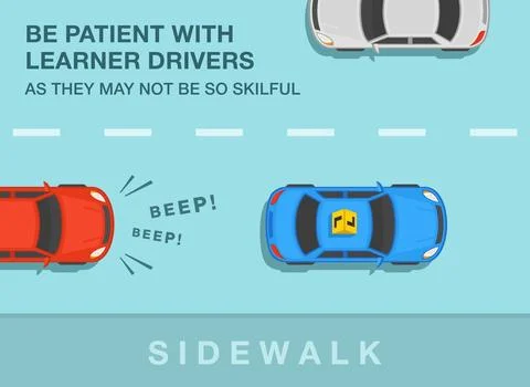 Be patient with learner drivers as they may not be skilful. Top view. Stock Illustration