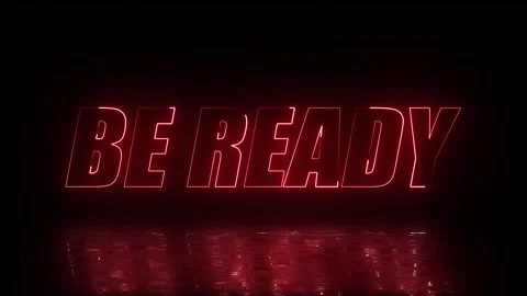 Be Ready red neon text animation loop with reflection on dark floor Stock Footage 338183489