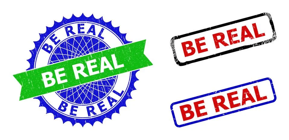 BE REAL Rosette and Rectangle Bicolor Seals with Grunged Textures Stock Illustration