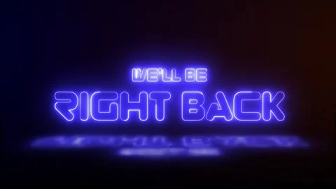 Be Right Back blue neon sign glowing animation looping with reflection Video stock 296821627