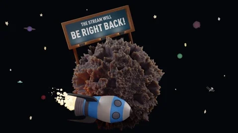 BE RIGHT BACK Rocket looping stream animation, blue ship circling an asteroid Stock Footage 245940170