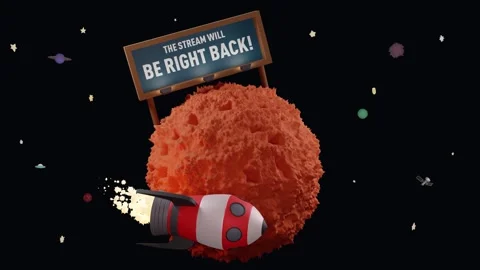BE RIGHT BACK Rocket looping stream animation, red ship circling red a planet Stock Footage 245940194