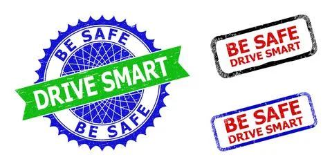 BE SAFE DRIVE SMART Rosette and Rectangle Bicolor Stamp Seals with Grunge Sty Illustrazione stock