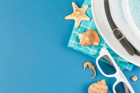 Beach accessories and shellfish with copyspace. Stock-Fotos