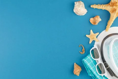 Beach accessories and shellfish with copyspace. Stock Photos