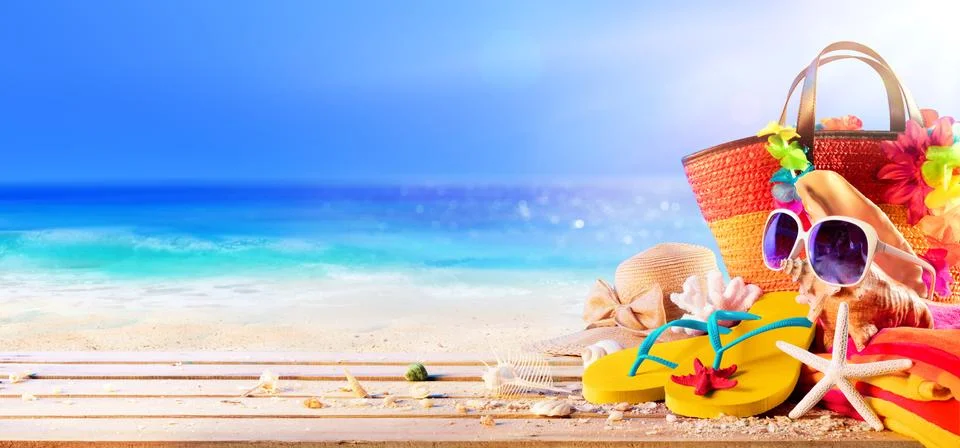 Beach Accessories And Shells On Deck In Sunny Seashore - Summer Holidays Stock Photos