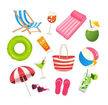 Beach accessories arranged in circle promoting summer vacation vibes 스톡 일러스트