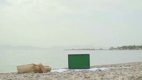 Beach accessories. The concept of working on vacation. Stock Footage 144304161