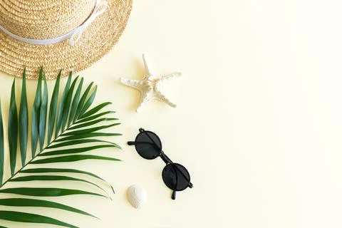 Beach accessories flat lay and summer background Stock Photos