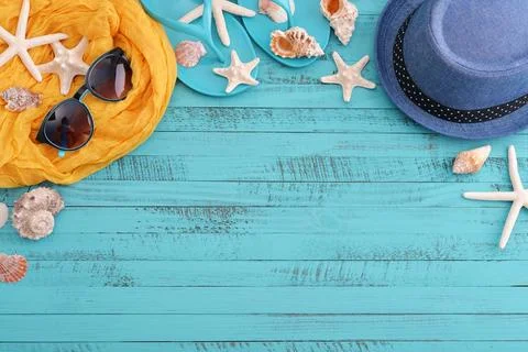 Beach accessories with sea shells Stock Photos