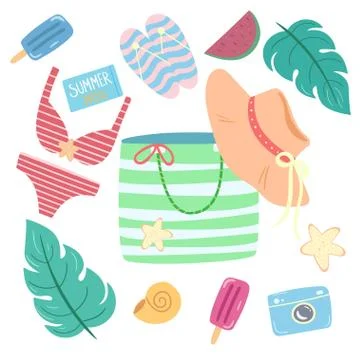 Beach accessories vector set. Summer elements isolated on white background. Stock Illustration