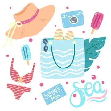 Beach accessories vector set. Summer elements for seaside vacation isolated Stock Illustration