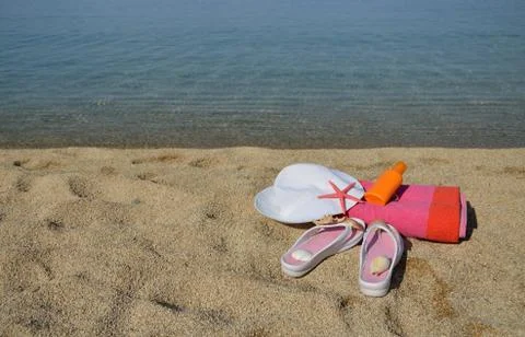 Beach accessorize on sandy beach Stock Photos