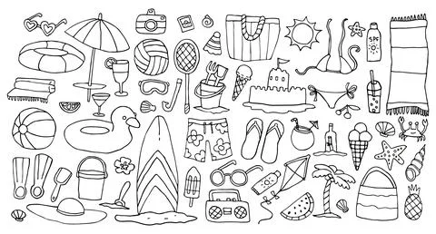 Beach activity doodle set colouring book page Stock Illustration