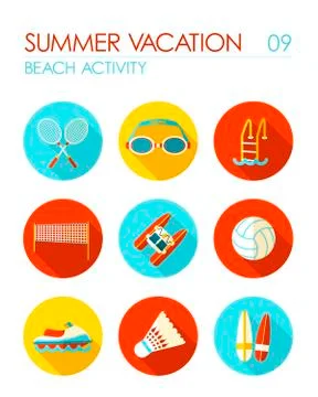 Beach activity flat icon set. Summer. Vacation Stock Illustration