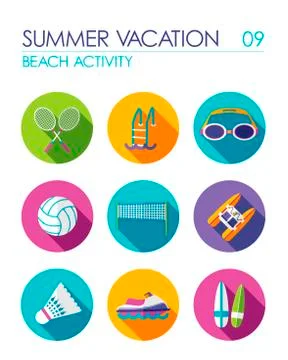 Beach activity flat icon set. Summer. Vacation Stock Illustration