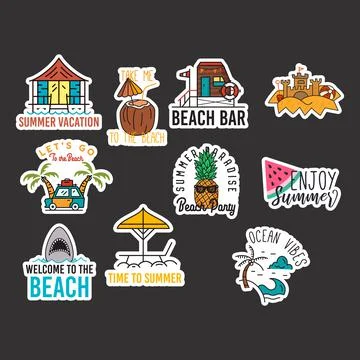 Beach adventure stickers design bundle. Travel hand drawn emblems. Mountain Stock Illustration