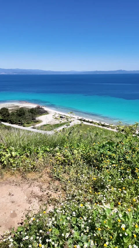 The beach of Afitos at Kassandra peninsula, Chalkidiki, Greece Video stock 336541524