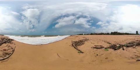 The beach after the storm is polluted with garbage. Sri Lanka. Virtual Reality Stock Footage 175109504
