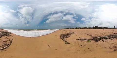 The beach after the storm is polluted with garbage. Sri Lanka. Virtual Reality Stockbeeldmateriaal 200858160