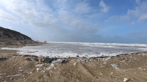 Beach with algae foam, nature experience storm Stock Footage 118228678
