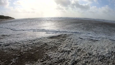 Beach with algae foam, nature experience storm Stock Footage 118229009