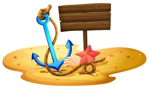 A beach with an anchor and empty signboard Stock Illustration