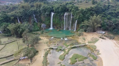 Beach and Ban Gioc Waterfall in Vietnam Tourist Destination Aerial Drone Vid Stock Footage 125520583