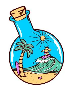 Beach and bottle vector illustration hand drawn Stock Illustration