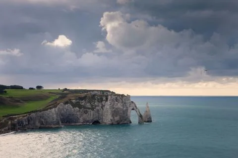 The beach and cliffs of Etretat, the Normandy tourist site of the French city Stock Photos